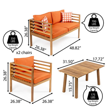 Thom 4-Piece Mid-Century Modern Acacia Wood Outdoor Patio Set with Cushions and Plaid Decorative Pillows - JONATHAN Y